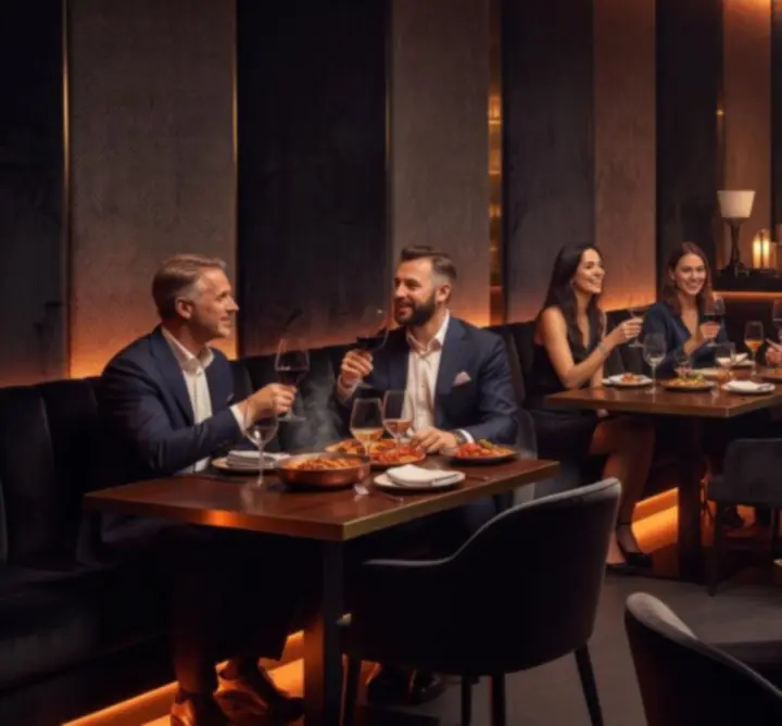 Cinematikus, sötét hangulatú budapesti étterem és lounge narancs fényekkel